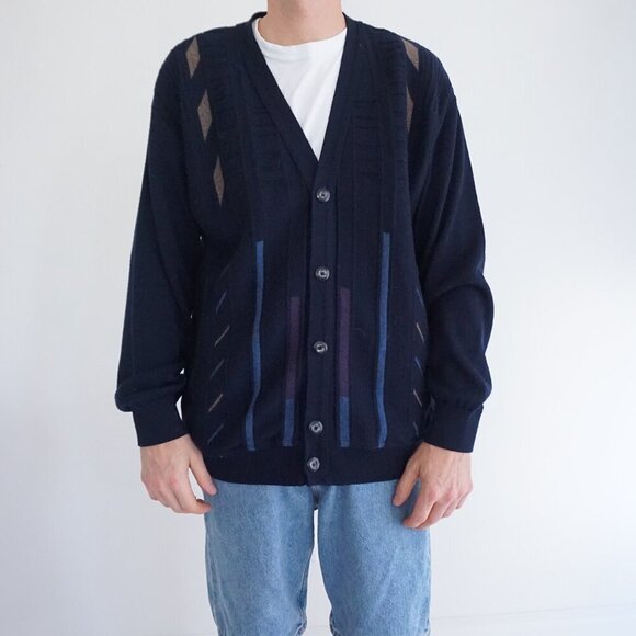'90s Navy 3D Coogi Biggie Cosby Fine Knit 50% Wool button Up Cardigan Sweater L - Picture 1 of 9